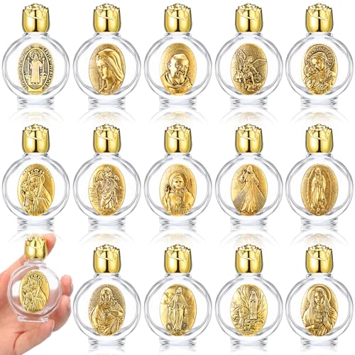 Domensi 14 Pcs Small Glass Holy Water Bottle Bulk 0.5 Floz Embossed Catholic Holy Water Bottles Empty Travel Girls Gifts for Church Events Baptisms Home Wedding(Gold)