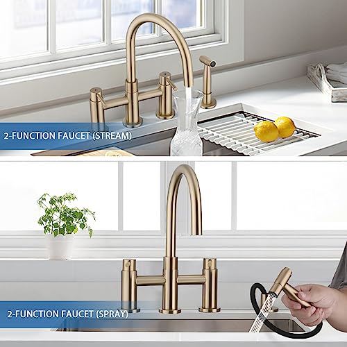 Dornberg Bridge Kitchen Faucet With Side Sprayer, 2 Handle Farmhouse Sink Faucet Spot-Free Stainless Steel, 4 Hole For Easy To Install - Brushed Golden #TOP2