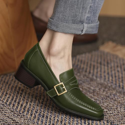 Image of MOOMMO Women Chunky Heel Penny Loafers Square Toe Buckle Slip On Comfort | Office Ladies Loafer Pumps 2 inch Stacked Block Heel Dress Loafers Oxfords Walking Dress Shoes Casual Size 4-11 M US