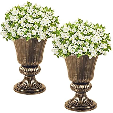 2 Pcs Classic Urn Planter, 51cm Height Plastic Indoor or Outdoor Decorative Urn, Tall Pedestal Plastic Planter, Vintage Style Flower Pot, Home Garden Front Porch Door Deck Balcony Decoration, Bronze Cover