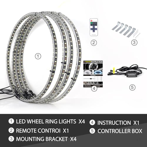 Image of Tavaray 4PCS 14 inch Super Bright Double Row Pure White Wheel Lights, Remote Control with Flashing Modes, IP67 Waterproof, 6500K LED Wheel Ring Lights for Trucks Cars SUV Pickup Vehicles Offroad