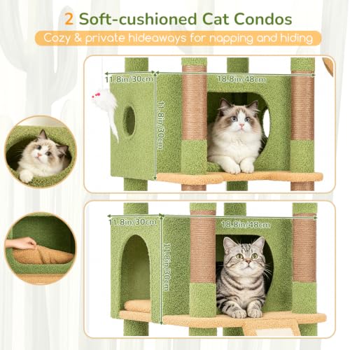 Image of Globlazer Extra Large Heavy Duty Cactus Cat Tree, 80in Sturdy Cat Tree Tower for Multiple Indoor Cats Large Adult with Scratching Posts, 2 Spacious Condos with Padding, 2 Soft Perches, S80C, Green