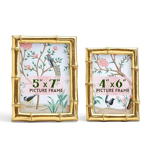 Two's Company Bamboo Picture Frames, Decorative Wall & Tabletop 5x7 & 4x6 Gold Frame Set -...