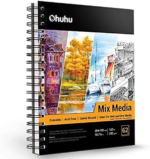 Mix Media Pad, Ohuhu 254×193mm Art Sketchbook, 200gsm Heavyweight Papers 62 Sheets, Spiral Bound Mixed Media Paper Pad for Acrylic, Watercolor, Painting, Mother's Day