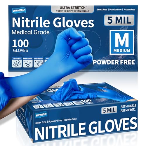 Supmedic Blue Nitrile Exam Gloves, 5 mil Powder-Free Chemo-Rated Food Safe Disposable Medical Glove, 100 Pcs (Medium)