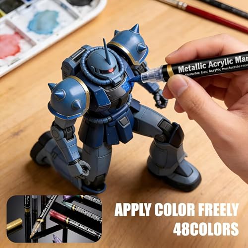 Image of Metallic Acrylic Paint Markers Dual Tip Brush Pens, 48 Colors (24 Pcs) - Water-Based Quick Dry Waterproof Paint Pens for Rock Painting, Canvas, Glass, DIY Crafts, Calligraphy & Card Making