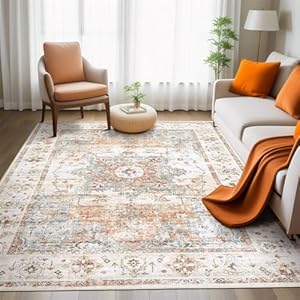 Vintage Living Room Area Rug 5×7 – Large Washable Soft Low-Pile Rugs, Traditional Boho Oriental Farmhouse Non-Slip Area Rugs for Bedroom Dining Indoor Carpet Dorm Office