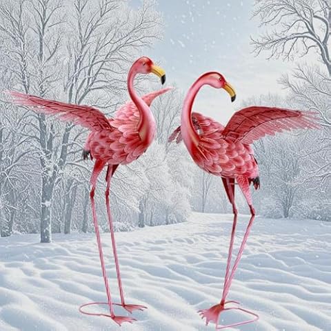 Natelf Pink Flamingo Yard Decorations, Tall Birds Garden Statues and Sculptures, Metal Lawn Art Ornaments for Outdoor Patio Backyard, Set of 2 Cover