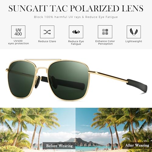 SUNGAIT Militarily Aviator Sunglasses for Men: Classic Square Army Pilot Style Polarized Shades with Upgraded Spring Hinge3