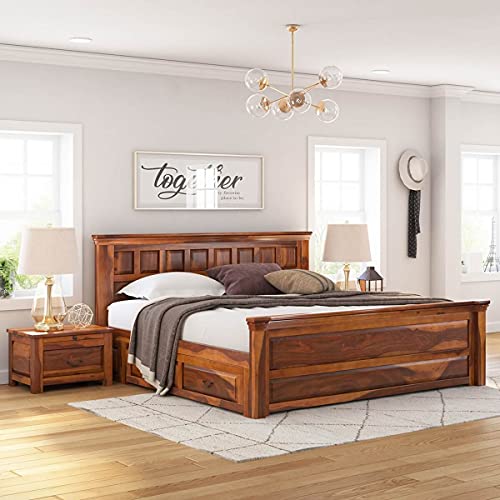 Image of Torque Allen Solid Wood Queen Size Bed with Storage Drawer - Brown | Wooden Palang Diwan Cot for Living Room Furniture | Double Bed for Sleeping