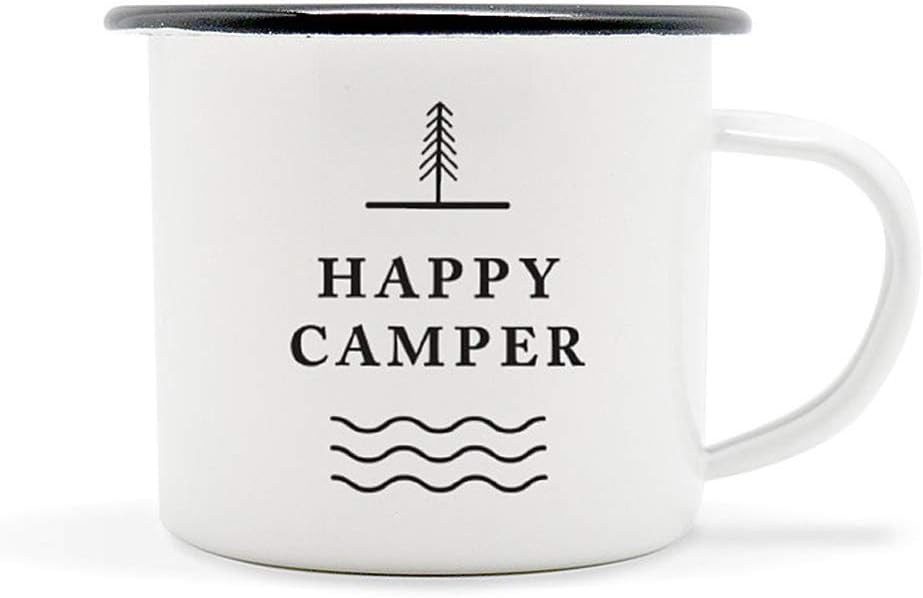 Happy Camper Enamel Camping Mug - Black, 10 Oz (295 ml), Ecofriendly Outdoor Camper Mugs Ideal For Early Morning Coffee Or Cold Campfire Beer. (2 Custom Designs To Pick From. By Journo Travel Co.) …