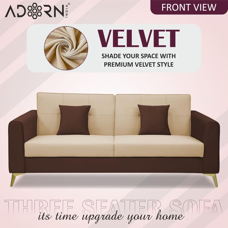 Image of Adorn India Premium Harlem 3 Seater Sofa | Velvet Suede Upholstery | 3-Year Warranty | Brown & Beige with Gold Legs & Cushion