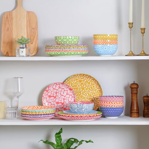 Image of Selamica Ceramic Plates and Bowls Sets,24 Pieces Dinnerware Sets for 8,Scratch Resistant Dish Set for family gathering,Dishwasher & Microwave Safe, Assorted Colors