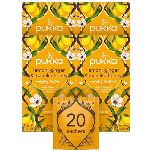 Pukka Organic Lemon, Ginger & Manuka Honey Herbal Tea, Caffeine Free, Fair Trade, Kosher, USDA Certified Organic, 20 Tea Sachets (Pack of 4)