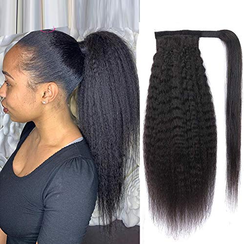 Ponytail Extension Human Hair, Drawstring Ponytail Human Hair Beauty Youth kinky Straight Wrap Around Extensions For Women, Brazilian Remy Human Hair Can Be Dyed And Colored (16Inch,kinky Straight)