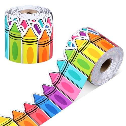 PerKoop 69 Feet Crayon Bulletin Board Rolled Trim Border Colorful Crayon Die Cut Border Trim Painted for School Chalkboard Bulletin Board Wall Decor