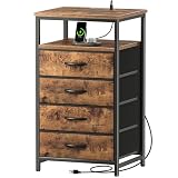 Huuger Night Stand with Charging Station, 4 Drawer Dresser for Bedroom, Bedside Table, 33.9 Inch Tall Nightstand with Open Shelf, End Table, for Closet, Entryway, Bedroom, Rustic Brown