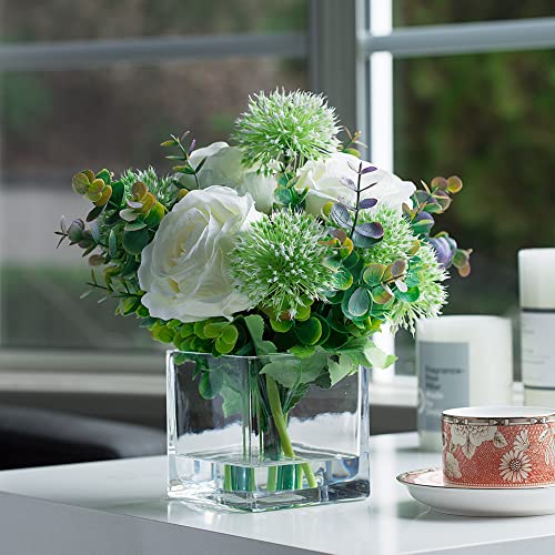 ENOVA FLORAL Artificial White Rose Flowers with Vase, Floral Arrangement