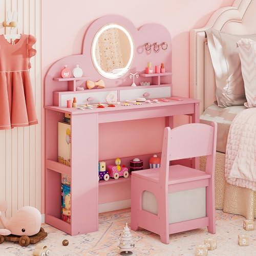 Image of Costzon Kids Vanity, Girls Vanity Set with Lighted Mirror, Bookshelf, Drawers, Hooks & Storage Shelves, Toddler Makeup Vanity Desk Dressing Table, Wooden Kids Vanity Table and Chair Set (Pink)