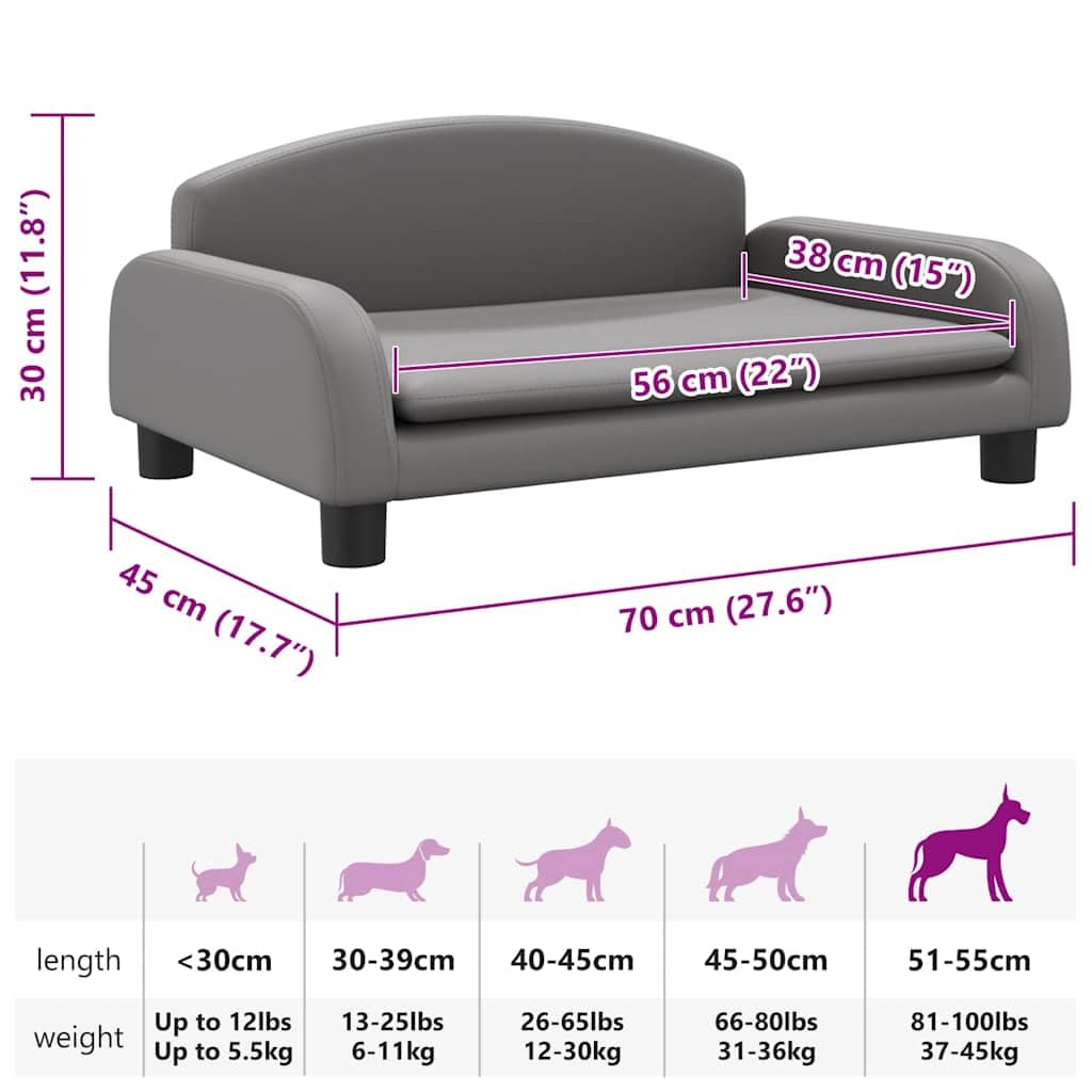 vidaXL Cama para Perros de Cuero sintético Gris 70x45x30 cm, sofá para Perros, Cama para Cachorros, Asiento para Perros, sofá para Mascota