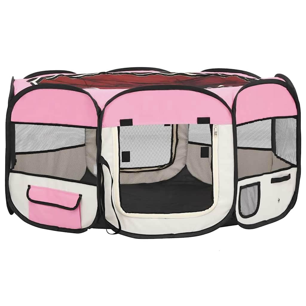 Welpenlaufstall faltbar für Hunde und Kleintiere, mobiler Tierlaufstall mit Tragetasche, Welpengitter Freigehege für drinnen und Reisen, Rosa und Creme, 145x145x61 cm