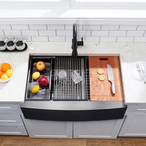 Image of SHACO Double Bowl 60 /40 Black Farmhouse Sink, 33x22 Inch Stainless Steel Apron Front Divided Double Basin Farmhouse Kitchen Sink, Gunmetal Black Farm Workstation Sink