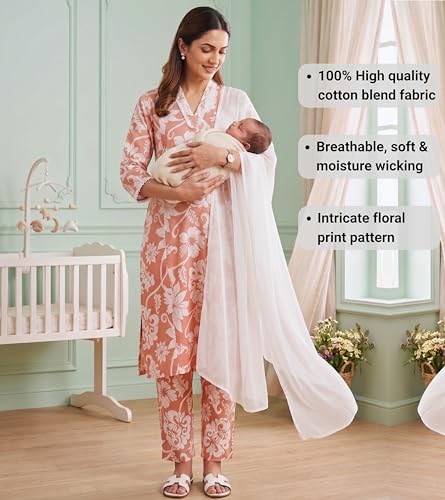 Image of DUMMY SHAPE Maternity Dresses for Women Cotton | Floral Kurta Pant Dupatta Set with Nursing Zippers, Side Pocket | Pre & Post Pregnancy | Feeding Kurti Suit | Baby Shower | Gifts for Pregnant Woman