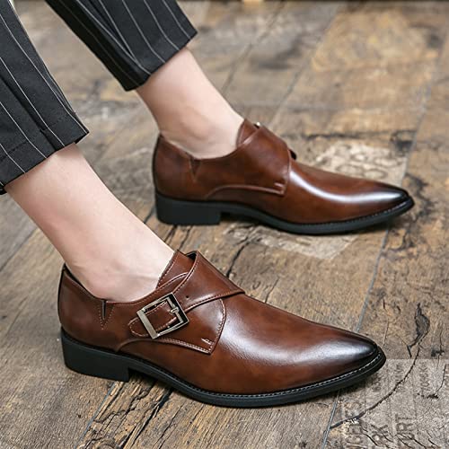 Dress Shoes for Men Slip On Monk Strap Pointed Burnished Toe PU Leather Block Heel Rubber Sole Resistant Non Slip Anti-Slip Walking3