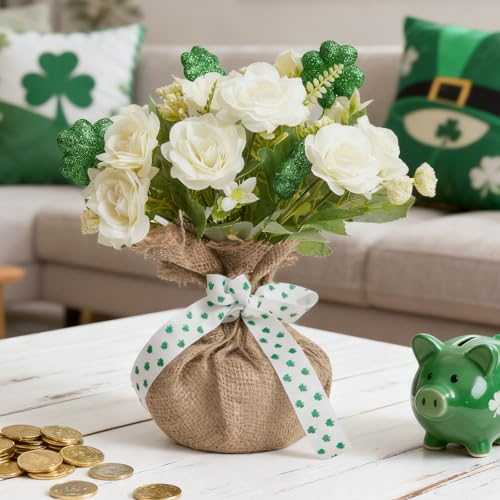 WDS WONDROUS St Patrickundefineds Day Decorations, Artificial Flower Clover Greenery Ireland Flower Bouquet Shamrocks Plant, White Roses for St Patricks Table Decor Home Party Centerpiece March Vase Filler