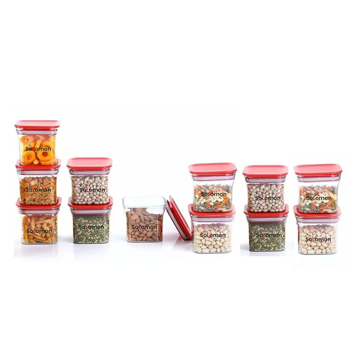 Solomon Plastic Kitchen Fridge Container Transparent Jar Airtight Food Grade Quality Product Used for Daily Storage Spices Dryfuit Tea Salt 600ml (Pack of 12 Red)