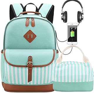 Canvas School Backpacks with Lunch Bag Women Laptop Bags with USB Charg Port