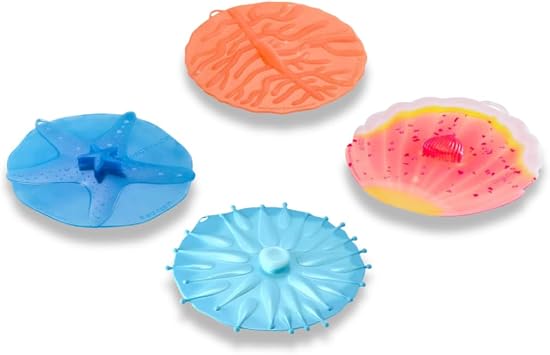 Charles Viancin - Coastal Silicone Lid for Food Storage - Costal Drink Covers - Set of 4 - One of Each - Creates an Airtight Seal on Any Smooth Rim Surface