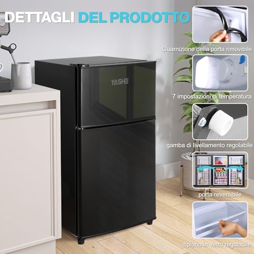 YASHE Minifrigo da 86 litri con congelatore, frigorifero a doppia porta con termostato regolabile a 7 impostazioni, per appartamento, camera da letto, dormitorio e ufficio, nero - 5