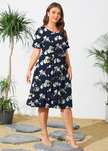 Image of POSESHE Womens Plus Size Summer Dress 2026 Casual Short Sleeve Empire Waist Loose Fit Swing T-Shirt Dress with Pockets