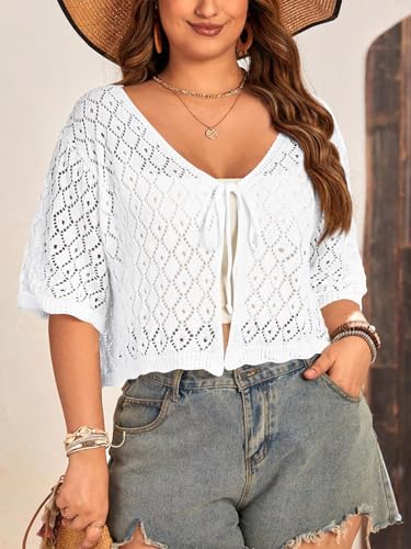 Image of Women's Plus Size Crochet Cardigan Crop Short Sleeves Tie Front Lightweight Knitwear
