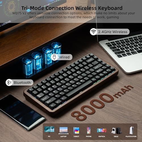 Image of Womier 75% Mechanical Keyboard Wireless with Wood Natural WD75 V2 QMK /VIA | Gaming Creamy Keyboard 8000mAh Battery, Tri-Mode Key Board RGB Hot Swappable with PBT Keycaps-POM Linear Switch,Black