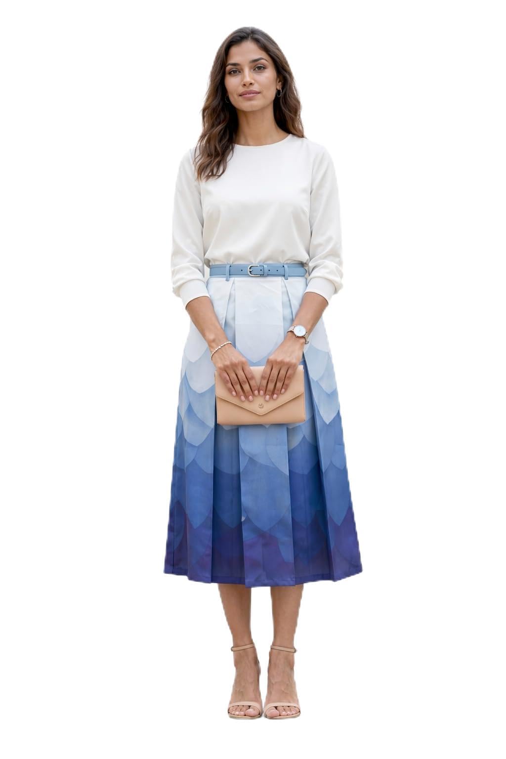 Women Green Navy Bluecolor Printed Flared Pleated Midi Skirt. 100% Pure Cotton, Breathable, and Perfect for Summer Office or Casual wear-image-10