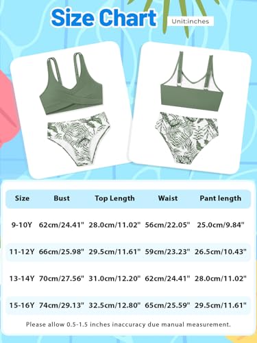 Image of Girls Swimsuit 2 Piece Bikini Set Swimwear Solid Color Bathing Suit 9-16T | Tropical Floral, Criss Cross, for Teen & Preteen