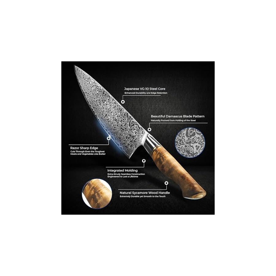 SENKEN-8-Damascus-Steel-Chefs-Knife-Dynasty-Collection-67-Layer-Japanese-VG10-Steel-with-Sycamore-Wood-Handle-Razor-Sharp-Double-Bevel-15-Edge SENKEN 8" Damascus Steel Chef's Knife - Dynasty Collection - 67-Layer Japanese VG10 Steel with Sycamore Wood Handle, Razor Sharp Double Bevel 15° Edge