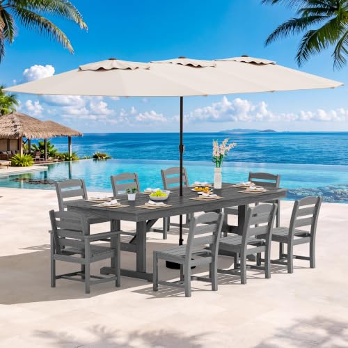 Image of SERWALL 10 Piece 84 inch HDPE Outdoor Dining Set for 8 with 6 Armless Chair, 2 Armchairs and Umbrella, Gray