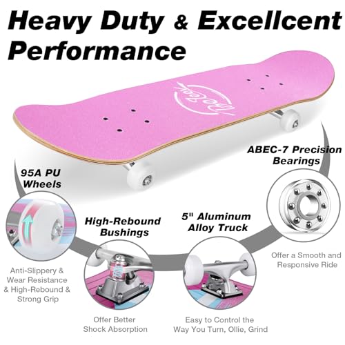 Image of BELEEV Skateboards for Beginners, 31 x 8 inch Complete Skateboard for Kids Teens Adults, 7 Layer Canadian Maple Double Kick Deck Concave Cruiser Trick Skateboard with Multifunction Skate T-Tool