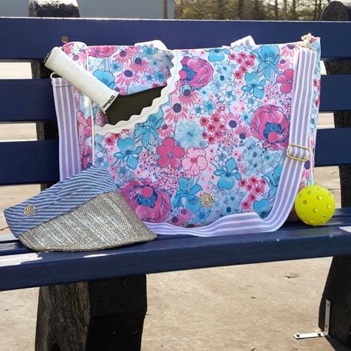 Lilly Pulitzer Pickleball Bag with Crossbody Strap, In All Her Glory | Pink & Blue Floral Sports Storage for 2 Paddles, Zipper Pocket, Waterbottle Sleeve, Adjustable Strap and Gold Details - Image 7