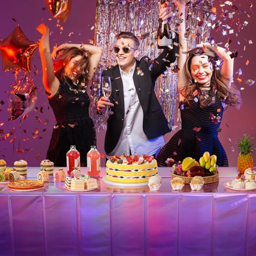 Image of 3 Pack Ombre Iridescent Pink and Purple Plastic Tablecloths, Shiny Disposable Laser Rectangle Table Covers Holographic Foil Tablecloth Iridescent Party Decoration Birthday Bridal Wedding, 54x108 Inch