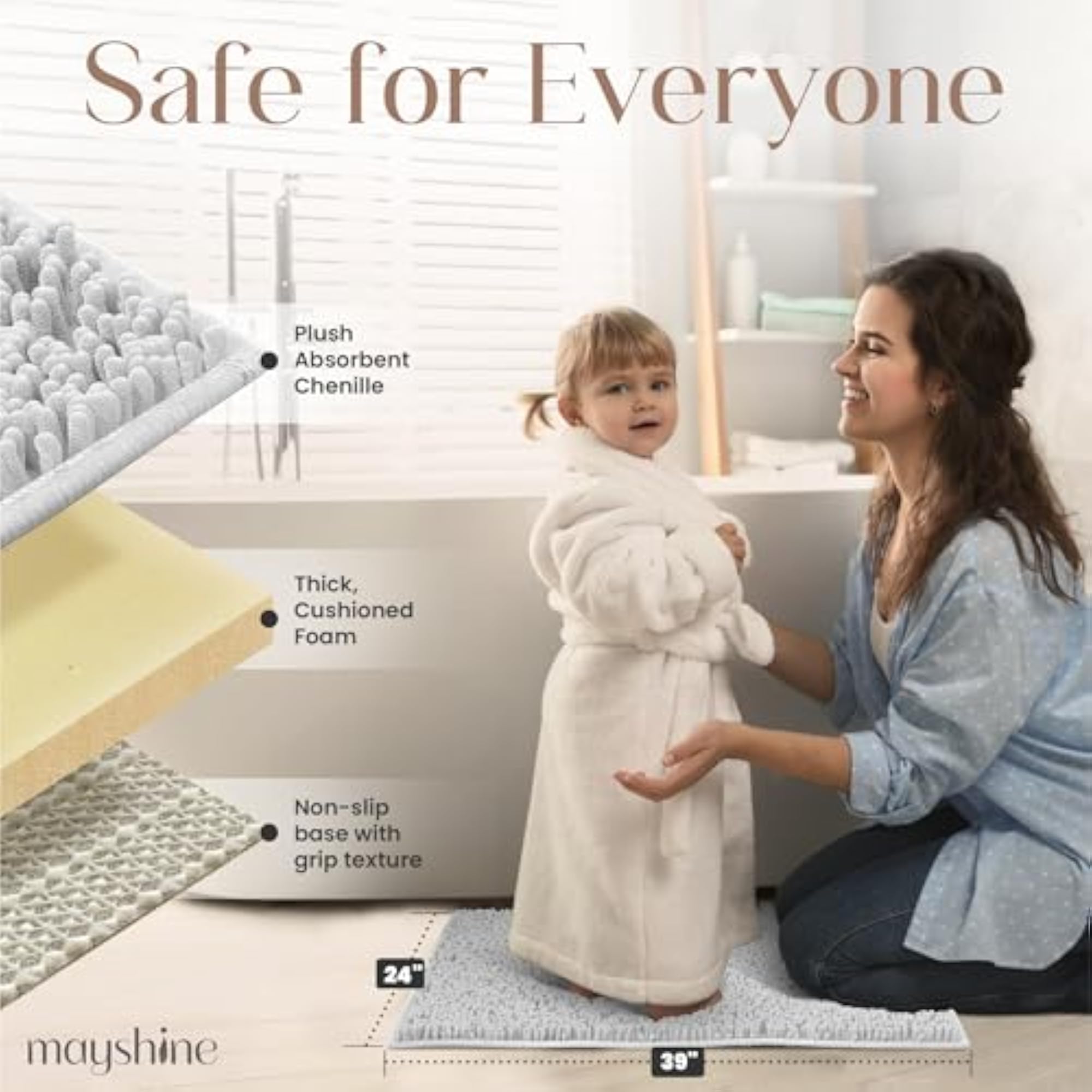 Non-Slip Bathroom Rug Safety Shower Mat, White