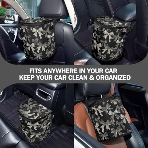 Image of Car Trash Can Black White Bow Car Garbage Bag with Lid Hanging Waterproof Leak Proof Vehicle Storage Bin