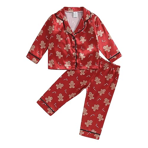 Kids Girls Boys Christmas Pajamas Santa Claus Cookie Satin Silk 2 Piece Pajama Set Short/Long Sleeve Sleepwear (Gingerbread Red, 12-18 Months)
