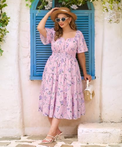 Image of RITERA Plus Size Dresses for Curvy Women Square Neck Short Sleeve Summer Floral Smocked Maxi Dress with Pocket XL-5XL