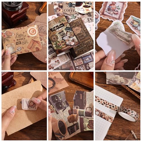 Image of emmoolife Scrapbooking Supplies Kit, Coffee Vintage Aesthetic Scrapbook Kit for Bullet Junk Journal, DIY Journaling Supplies with Coffee Bean Cup, Latte Art, Birthday Craft Gift for Teen Girl Women