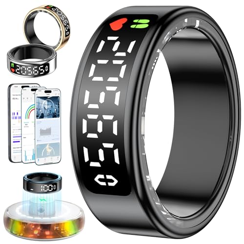 Smart Ring für Damen Herren, Smartringe mit LED Anzeige, Fitness Tracking Ring IP68, Schlaf Health Ring, Gesundheitsring mit Android/iOS,Schrittzähler/Herzfrequenz/SpO2/Aktivitätstracker (Schwarz, 13)