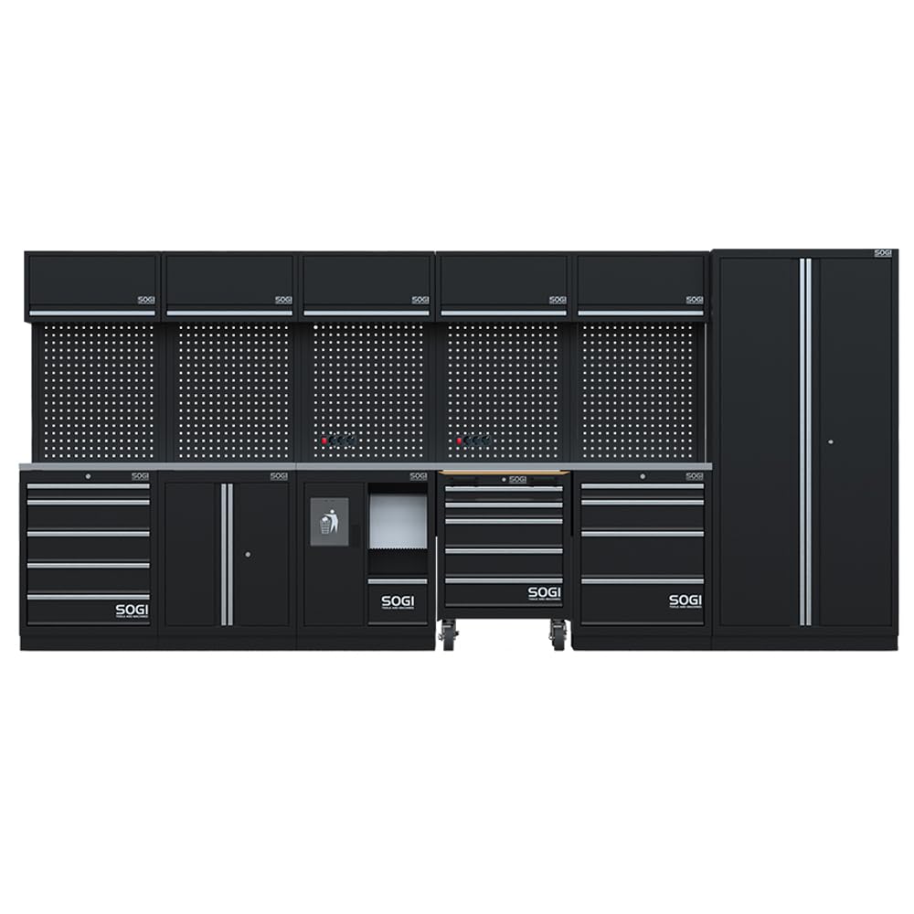 Sogi ARR-OFF-4320 Arredamento modulare in lamiera per officina e garage - piano in acciaio inox - 4315x466x2000 mm